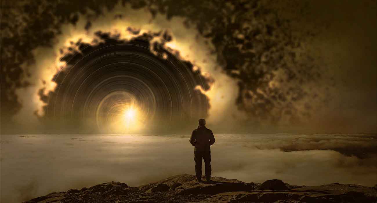 man looking at reflection of clouds and sun