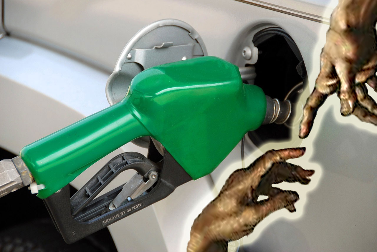 Putting gas in car; hand from heaven reaching to hand on earth