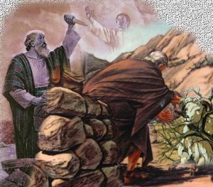 Abraham with knife over Isaac' angel stopping; ram in branches