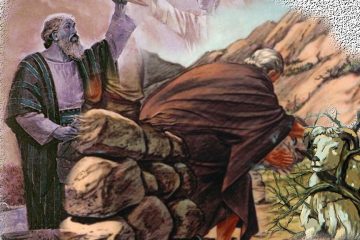 Abraham with knife over Isaac' angel stopping; ram in branches