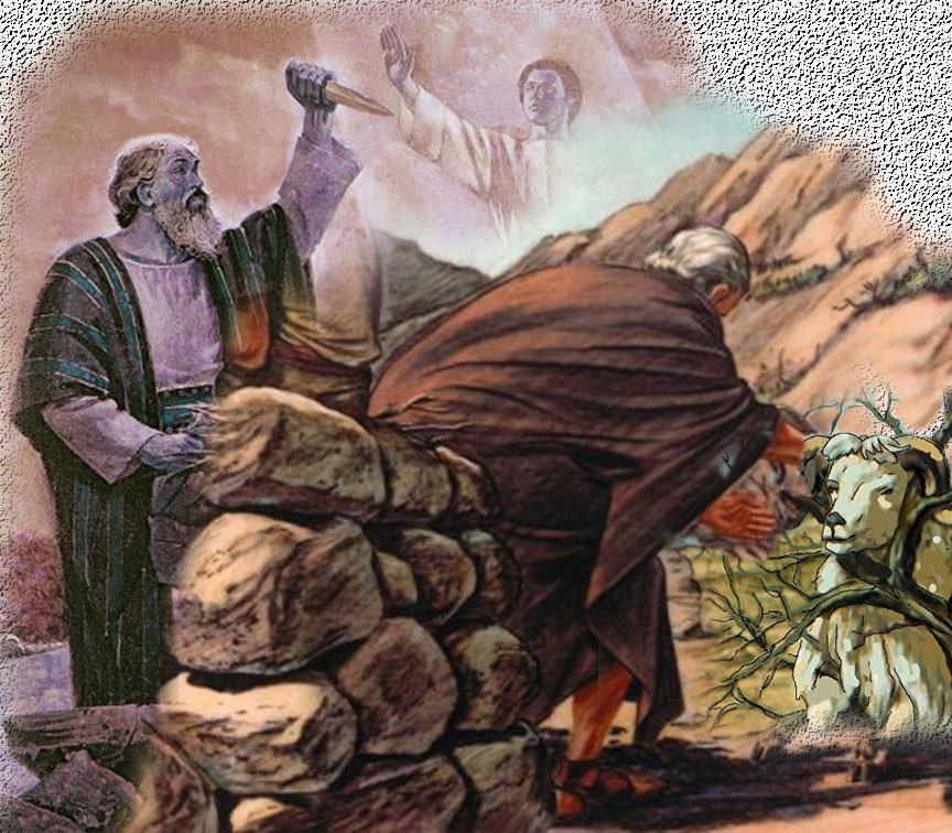 Abraham with knife over Isaac' angel stopping; ram in branches