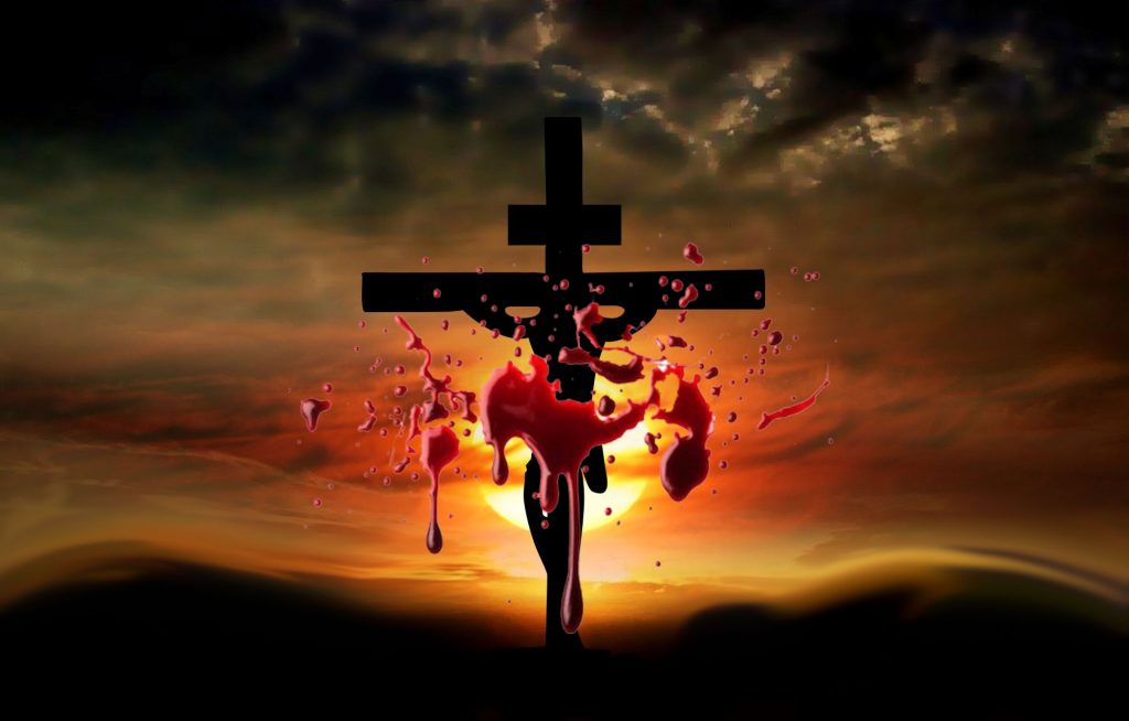 Jesus on cross with drops of blood overlay