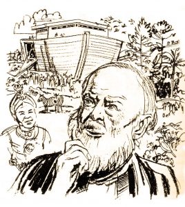 Noah and wife with animals and ark in background