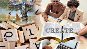 adam & Eve tempted by serpent; scrabble letters; business people around table, open Bible with CREATE written over top