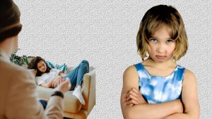 child pouting with arms crossed; teen pouting laying on sofa