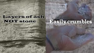 Ashen layers in Sodom and hands showing how easily it crumbles
