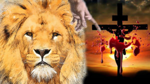 Lion head Jesus on cross, hand from above pointing to cross