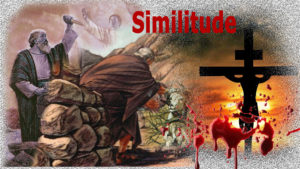 Similitude showing Abraham with raised knife over Isaac and crucifixion and lamb behind ram caught in thicket