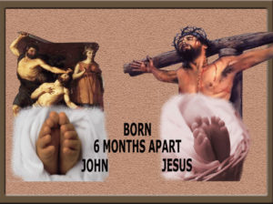 images of two sets of baby feet: john and Jesus and behind their deaths: beheading and crucifixion