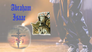 stage with dancers in jeans and tennis shoes at right; left has name Abraham and Isaac; Jesus on cross and ram