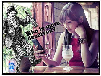 young woman drinking coctail; street person with bottle of liquor: Who is more deceived?