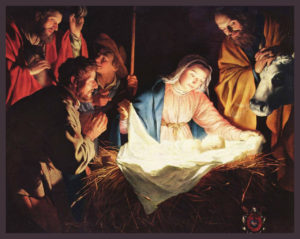 Nativity scene with shepherds, Mary and Joseph adoring Baby Jesus