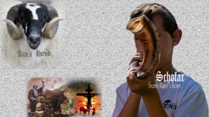 boy blowing shofar; ram's head with horns; abraham foreseeing crucifixion