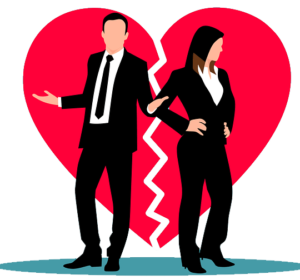 Husband and wife with backs toward each other in front of a heart cut in half vertically