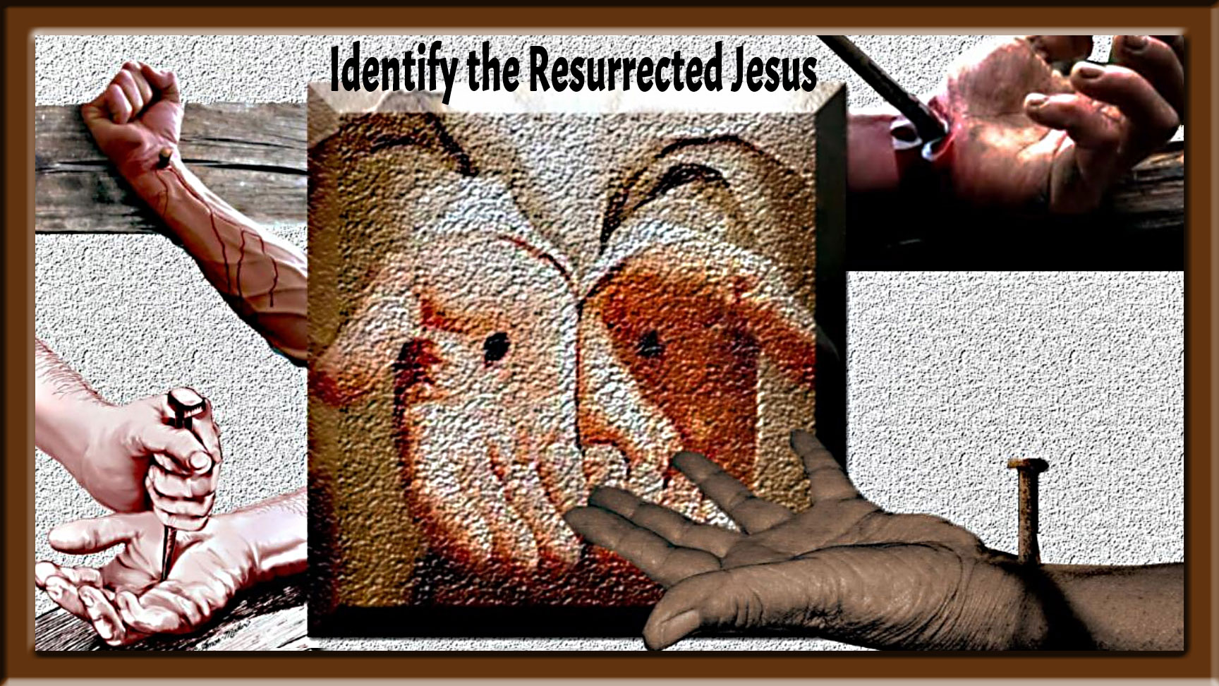 various images of correct and incorrect images of location of nails at crucifixion