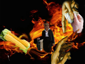 image with fire and interspersed ears of corn, woman at US Supreme Court; hand of God reaching man's hand