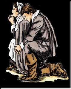 Pilgrim man and woman praying