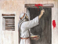man putting blood on doorpost