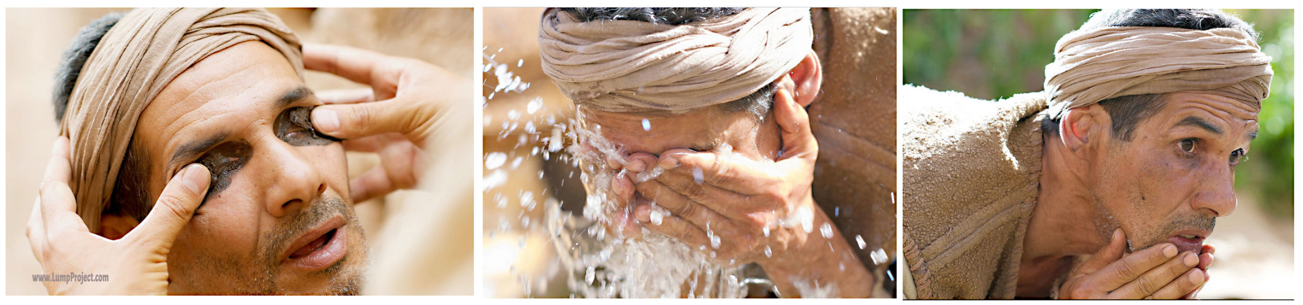 images of clay on eyes; man washing; man's sight given to him.