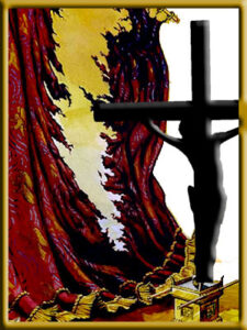 Torn veil and Jesus on cross
