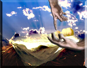 child in manger; hand coming down from heaven to meet man's hand from earth