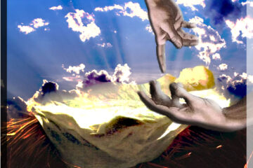 child in manger; hand coming down from heaven to meet man's hand from earth